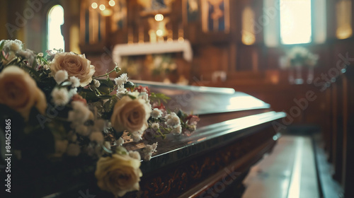 Close-up of Funeral Casket with Flower Arrangements in Church