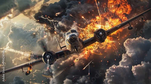 A classic bomber plane flies and leaves a trail of fire behind it. AI Generated