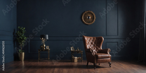 Vintage old room with leather armchair and wooden flooring in classic style and a lot of suitcases with blue wall. Copy space. Vogue and luxury.