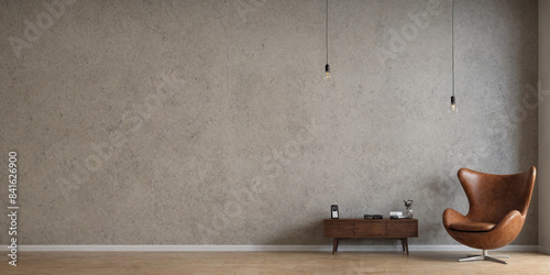 Wall concrete style room with leather armchair and decoration accessory