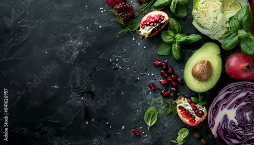 Fresh vegetables and fruits: fennel, avocado, pomegranate, berries, cabbage and basil. Organic healthy vegan food. On a black stone background
