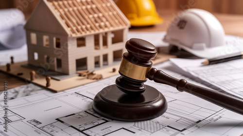 A courtroom gavel on detailed building plans, with a hard hat and house model in the background, emphasizing legal aspects of construction and engineering.