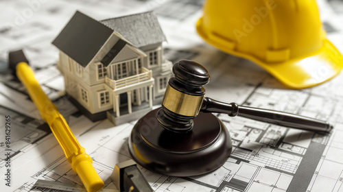 A courtroom gavel resting on architectural drawings, with a yellow hard hat and a house model, emphasizing the legal aspects of construction.