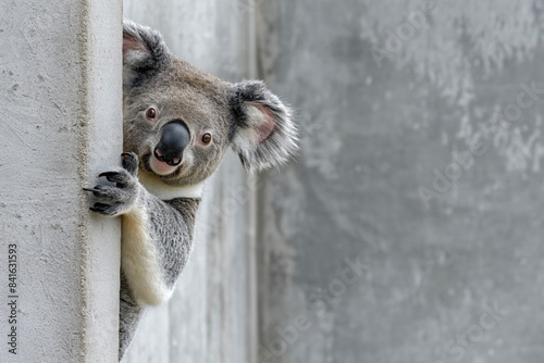 Koala peeking from behind a concrete wall, showcasing its inquisitive nature, with a neutral grey background, adding a playful touch..