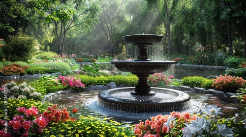 A tranquil garden with a fountain and colorful flowers. 