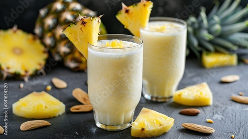 Sweet refreshing cold pina colada smoothie served with pineapple slices on table . Generative Ai