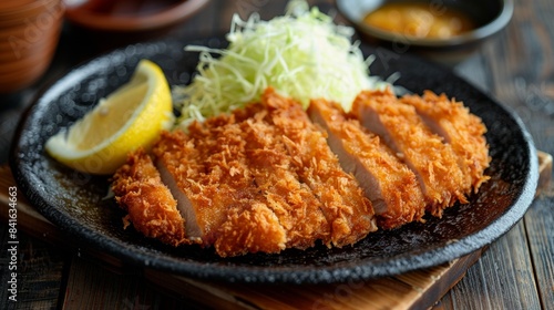 Plate of tonkatsu with shredded cabbage and a lemon wedge on the side 