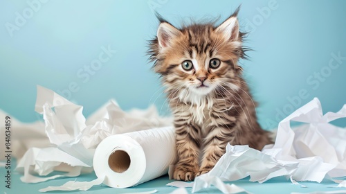 Adorable fluffy kitten sitting amidst torn toilet paper on a light blue background, looking cute and curious. Perfect for cat lovers.