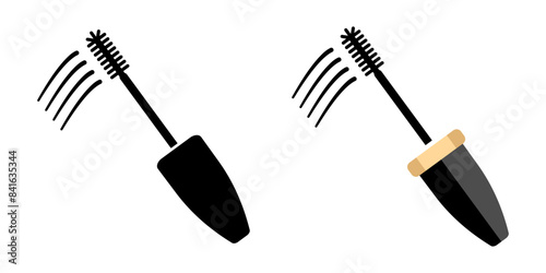 Makeup mascara vector icon. Open tube of mascara sign. Vector flat Logo of makeup. Black simple illustration of eyelash brush and container.