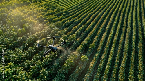 A drone surveying a crop field spraying herbicides with precision to eliminate weeds without harming any crops.