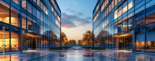 Modern glass office buildings reflecting the evening sky with a sleek courtyard and warm indoor lights.