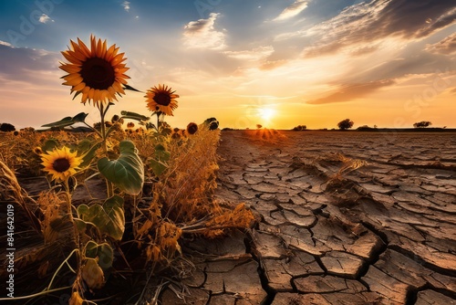 Drying sunflowers in a field during a drought at sunset. Global warming of the climate