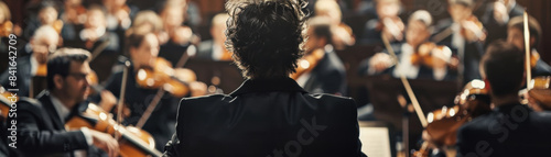 A conductor leads an orchestra during a live performance, focusing on precision and harmony. The musicians play string instruments passionately and skillfully.