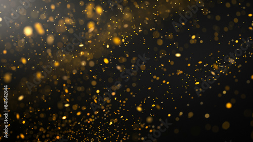 Elegant black background with scattered gold confetti or particles, perfect for a celebratory and festive atmosphere.