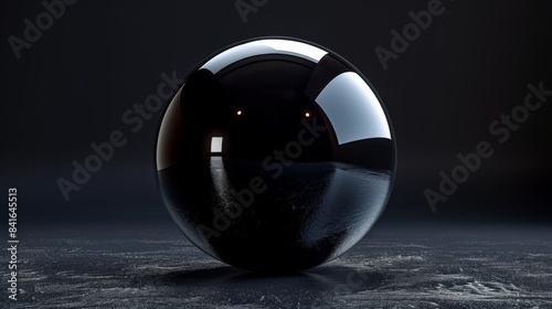 Glossy black sphere with reflections on dark background.