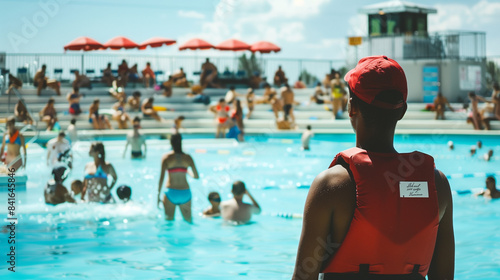 In the crowd of swimmers at a public swimming pool, we see a lifeguard carefully watching over their safety.