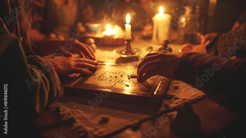 A séance table with hands touching a skidpad on a Ouija board under candlelight. This image illustrates the practice of spiritualism.