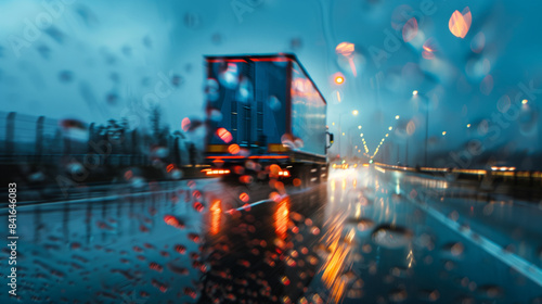 A truck on the shiny surface of a wet highway, where the mist rising from its wheels and the blurred surroundings suggest the inevitability and pace of transportation traffic.