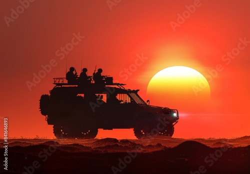 An army patrol vehicle silhouetted at sunset. War concept. Soldiers in an armored car prepared for action. Generated by AI.