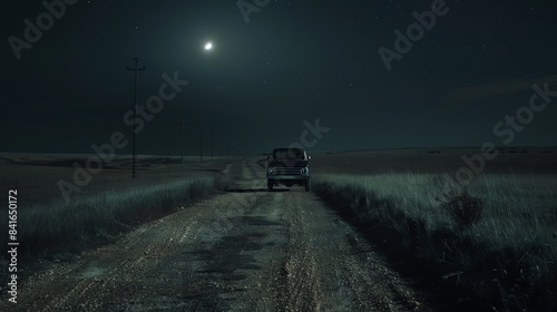A lone vehicle travels down an unpaved road under a full moon. The scene conveys solitude and mystery against a vast, quiet landscape.