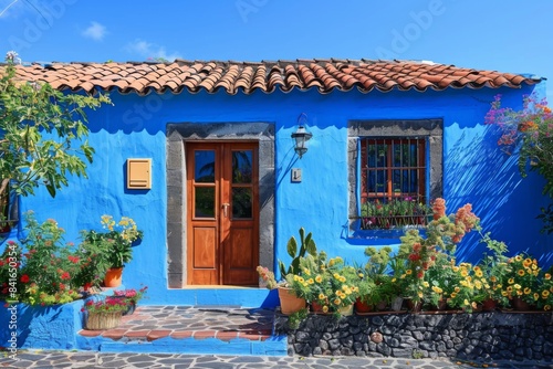 Blue House with Flowers