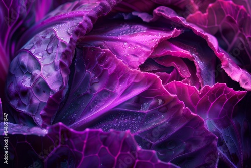 A close up photo of a purple cabbage leaf with water drops on it in focus
