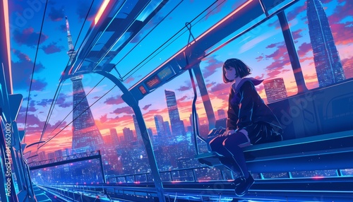 Japanese anime girl on a train with city lights, stock market graphs overlay, clean white background, ideal for financial success visuals