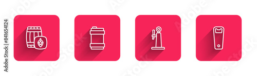 Set line Wooden barrel, Metal beer keg, Beer tap and Bottle opener with long shadow. Red square button. Vector