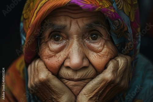 Close-up of a pensive senior woman with wrinkles and a colorful headscarf resting her chin on her hands