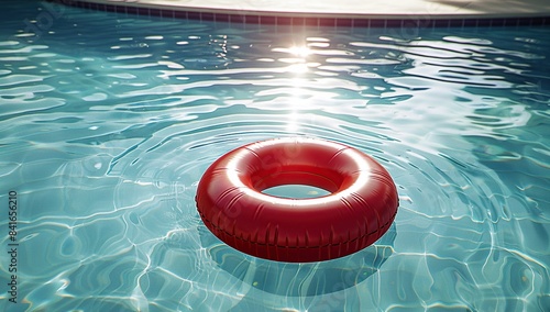 A red pool float ring is floating on the edge of the swimming pool