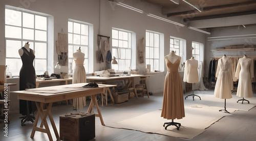 A fashion dress design studio or atelier workshop for fashion house, tailor design clothing workshop, cinematic perspective with copy space, no humans 
