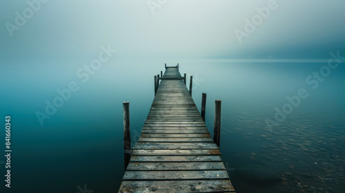 Misty wooden pier over still waters