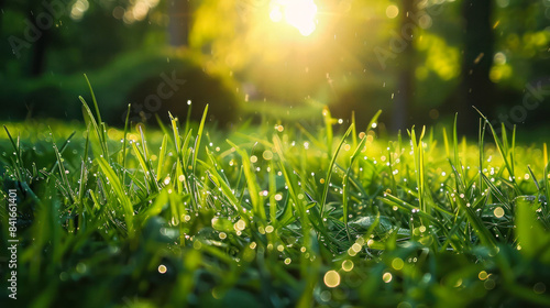 Luminous morning sun shining on dewy grass