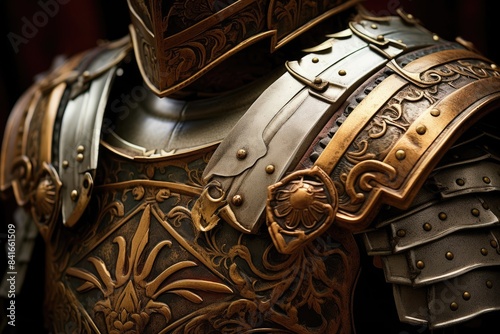 A detailed view of a knights breastplate and helmet
