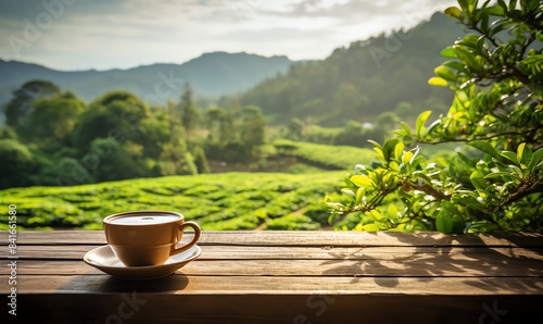 Cup of tea, Wood table overlooking tea plantation landscape