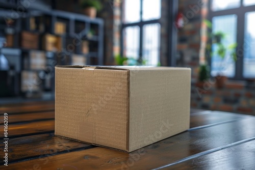 Cardboard Box on Wooden Table in Warehouse Setting
