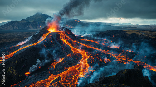 Erupting volcano with flowing lava, dark volcanic landscape, dramatic clouds, Icelandic terrain, natural phenomenon, geological activity