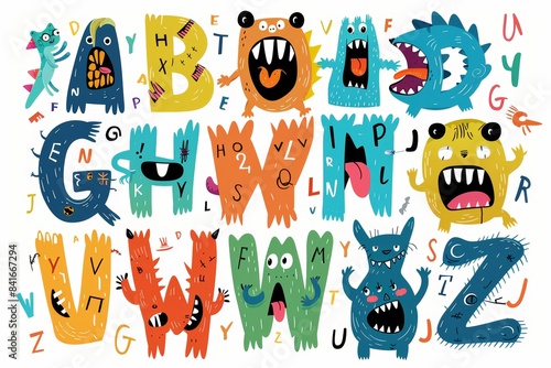 Illustration of a cartoon monster alphabet in watercolor with colorful doodles and a crazy font character