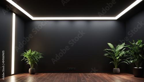 a dark room with plants and a black background wall mockup