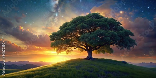 Majestic tree on hill at sunset in green field, panoramic landscape, majestic, tree, hill, sunset, green, field, panoramic, landscape, nature, beauty, peaceful, tranquil, scenery, rural