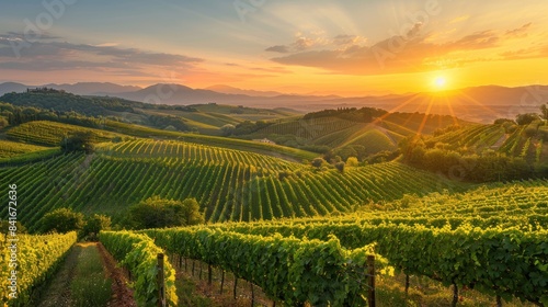 A beautiful landscape of vineyards with a sun setting in the background. The sun is shining brightly on the vines, creating a warm and inviting atmosphere. The scene is peaceful and serene