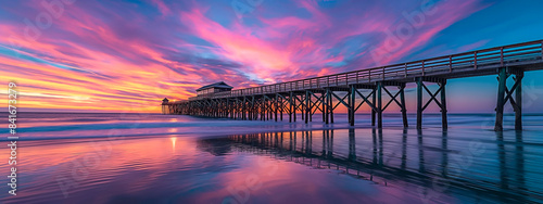 A colorful sunset or sunrise over a beach dock. Panoramic view.
