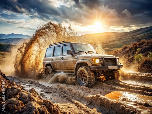 Offroad car covered in mud driving through rugged terrain, mud, offroad, vehicle, driving, adventure, extreme, rough, terrain, 4x4, action, dirty, offroading, outdoors