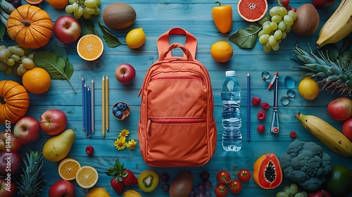 A top view of a backpack surrounded by healthy snacks like fruit, yogurt, and a water bottle, forming a circle around school supplies with clear copy space in the center.