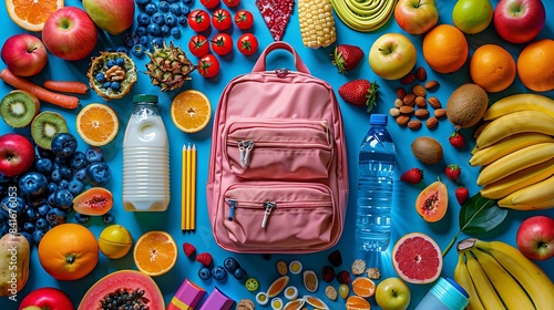 A top view of a backpack surrounded by healthy snacks like fruit, yogurt, and a water bottle, along with school supplies, arranged in a circular pattern with clear copy space in the middle.