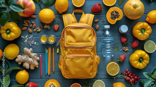 A top view of a backpack surrounded by healthy snacks like fruit, yogurt, and a water bottle, neatly arranged with school supplies and clear copy space in the center.