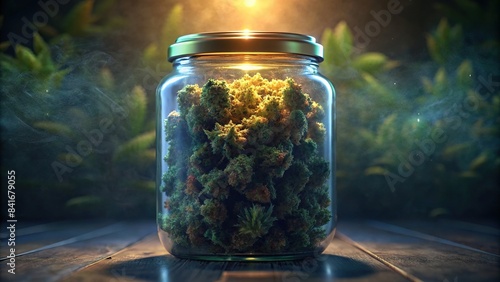 Dry cannabis buds stored in a glass jar , marijuana, cannabis, dry, herb, green, buds, jar, container, storage, medicinal, plant, natural, aroma, organic, pungent, potent