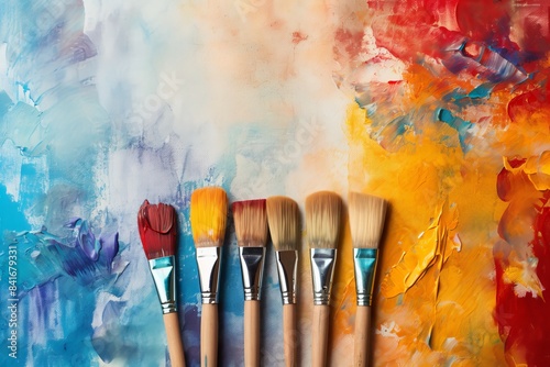 Row of artist's brushes on an art canvas, multicolored strokes of paint on the canvas. 