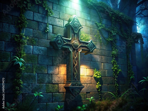 Ornate Gothic cross hanging on ivy-covered stone wall with religious symbolism , gothic, cross, ivy, wall, stone, ornament, ornate, religious, symbol, medieval, architecture, church
