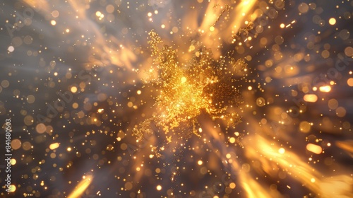gold explosion amidst a swirling vortex of glowing particles, creating a mesmerizing spectacle against a clean gray background.